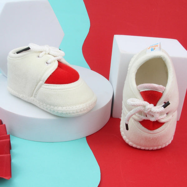 6 To 12 Months Baby Boys & Baby Girls Cute Soft Velvet Pre-Walker Lace Booties (off White,Red)-BT5224