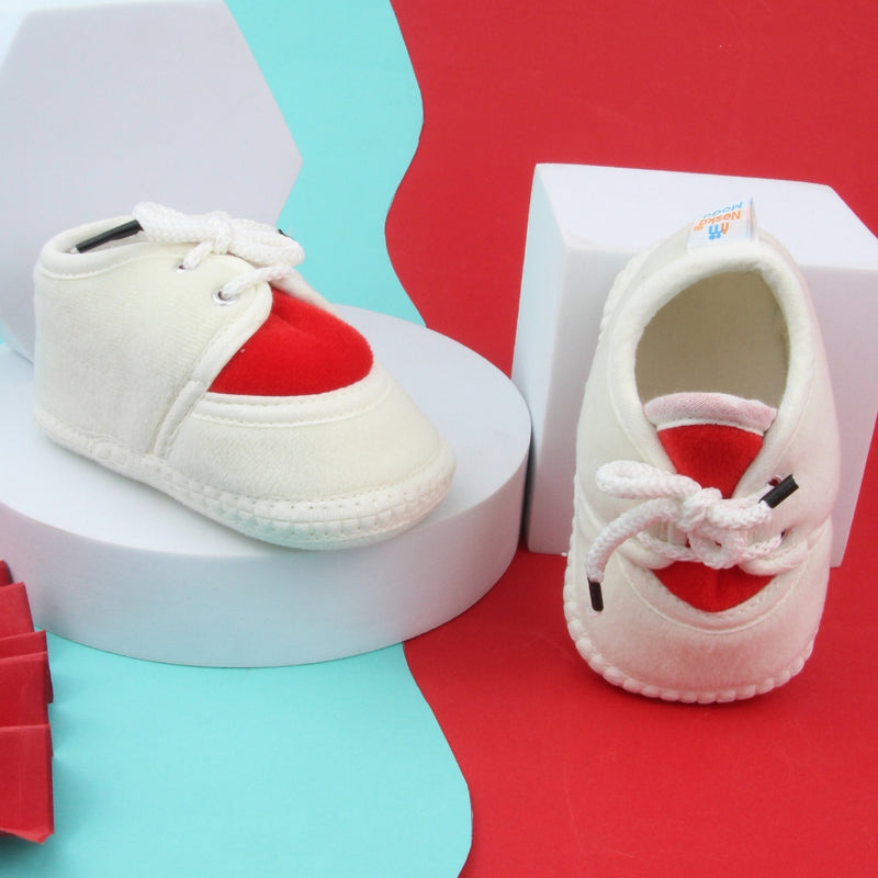 6 To 12 Months Baby Boys & Baby Girls Cute Soft Velvet Pre-Walker Lace Booties (off White,Red)-BT5224