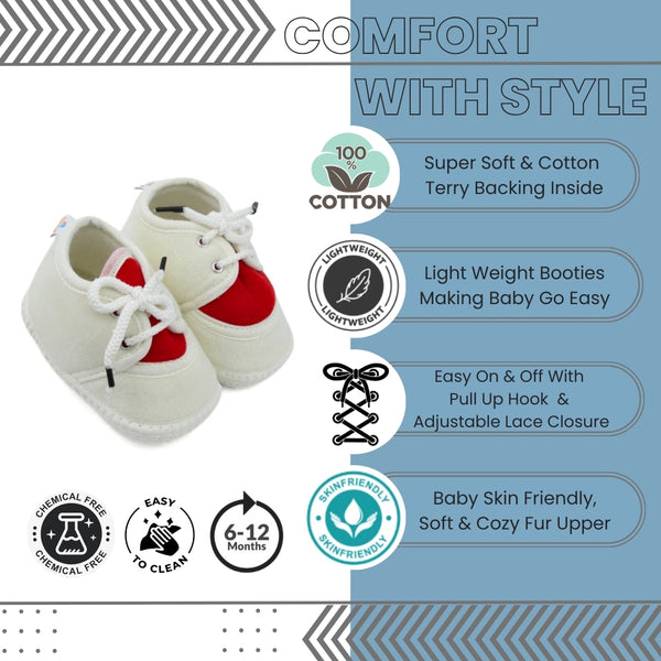 6 To 12 Months Baby Boys & Baby Girls Cute Soft Velvet Pre-Walker Lace Booties (off White,Red)-BT5224