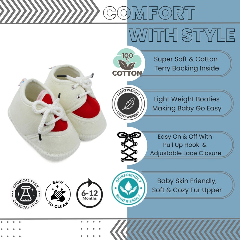 6 To 12 Months Baby Boys & Baby Girls Cute Soft Velvet Pre-Walker Lace Booties (off White,Red)-BT5224