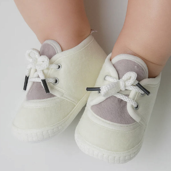 6 To 12 Months Baby Boys & Baby Girls Cute Soft Velvet Pre-Walker Lace Booties (off White,Grey)-BT5225