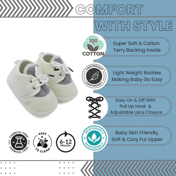 6 To 12 Months Baby Boys & Baby Girls Cute Soft Velvet Pre-Walker Lace Booties (off White,Grey)-BT5225