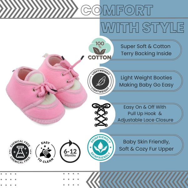 6 To 12 Months Baby Boys & Baby Girls Cute Soft Velvet Pre-Walker Lace Booties (Pink,White)-BT5226