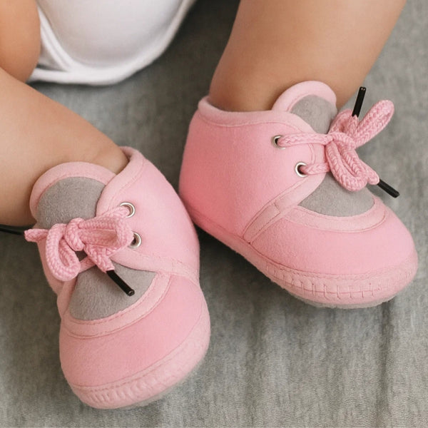 6 To 12 Months Baby Boys & Baby Girls Cute Soft Velvet Pre-Walker Lace Booties (Pink,Grey)-BT5227