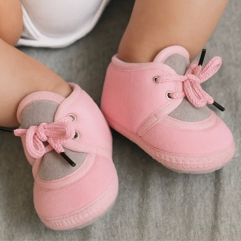 6 To 12 Months Baby Boys & Baby Girls Cute Soft Velvet Pre-Walker Lace Booties (Pink,Grey)-BT5227