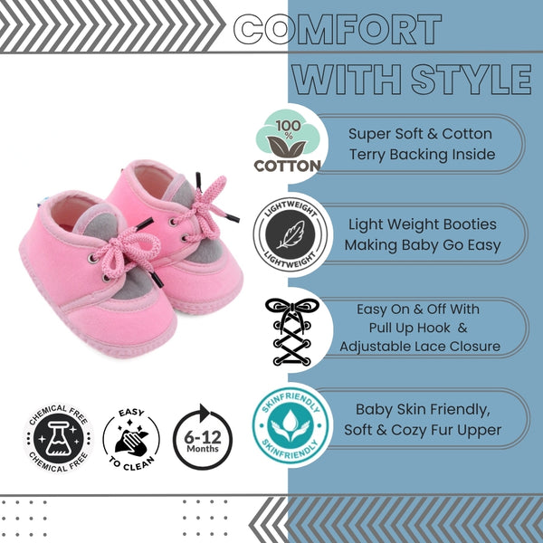 6 To 12 Months Baby Boys & Baby Girls Cute Soft Velvet Pre-Walker Lace Booties (Pink,Grey)-BT5227
