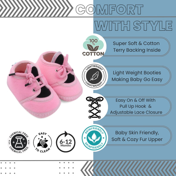 6 To 12 Months Baby Boys & Baby Girls Cute Soft Velvet Pre-Walker Lace Booties (Pink,Black)-BT5228