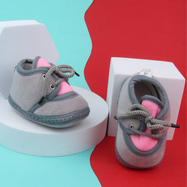 6 To 12 Months Baby Boys & Baby Girls Cute Soft Velvet Pre-Walker Lace Booties (Grey,Pink)-BT5229