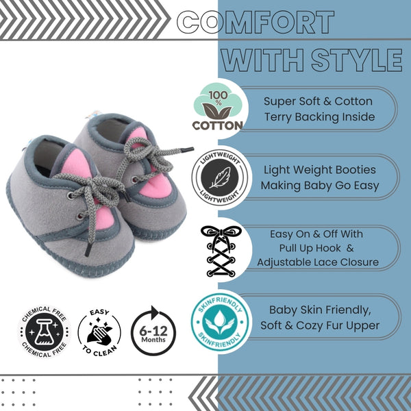 6 To 12 Months Baby Boys & Baby Girls Cute Soft Velvet Pre-Walker Lace Booties (Grey,Pink)-BT5229