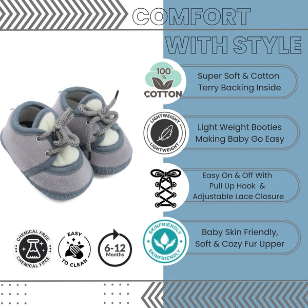 6 To 12 Months Baby Boys & Baby Girls Cute Soft Velvet Pre-Walker Lace Booties (Grey,White)-BT5231