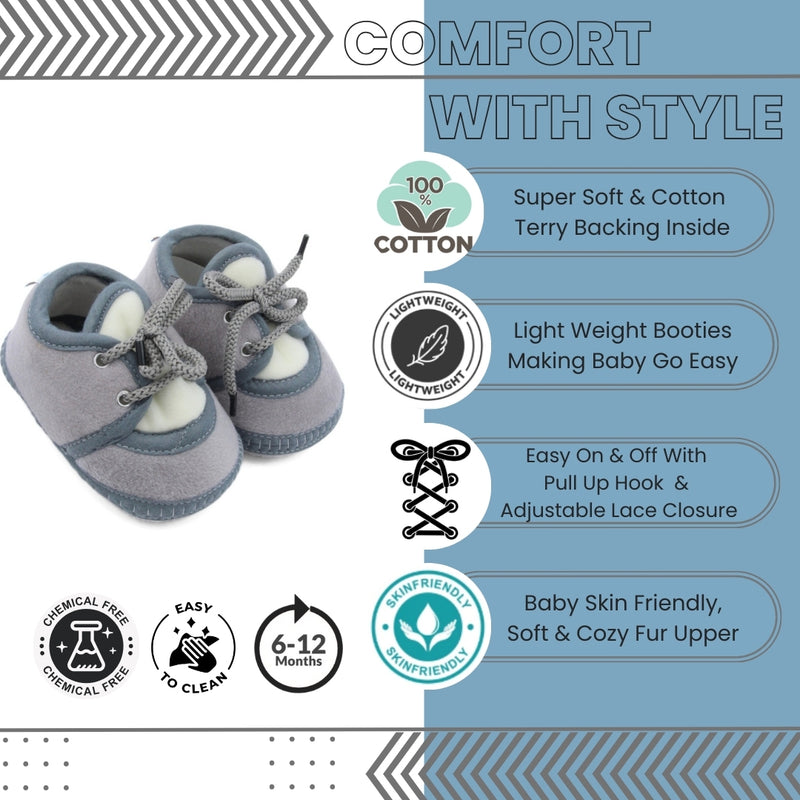 6 To 12 Months Baby Boys & Baby Girls Cute Soft Velvet Pre-Walker Lace Booties (Grey,White)-BT5231