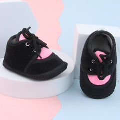 6 To 12 Months Baby Boys & Baby Girls Cute Soft Velvet Pre-Walker Lace Booties (Black,Pink)-BT5232
