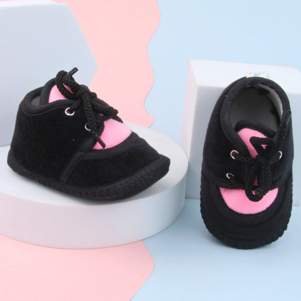 6 To 12 Months Baby Boys & Baby Girls Cute Soft Velvet Pre-Walker Lace Booties (Black,Pink)-BT5232