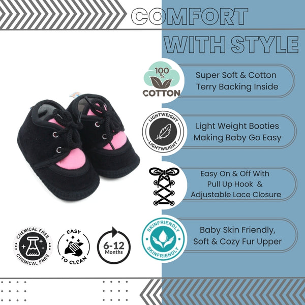 6 To 12 Months Baby Boys & Baby Girls Cute Soft Velvet Pre-Walker Lace Booties (Black,Pink)-BT5232