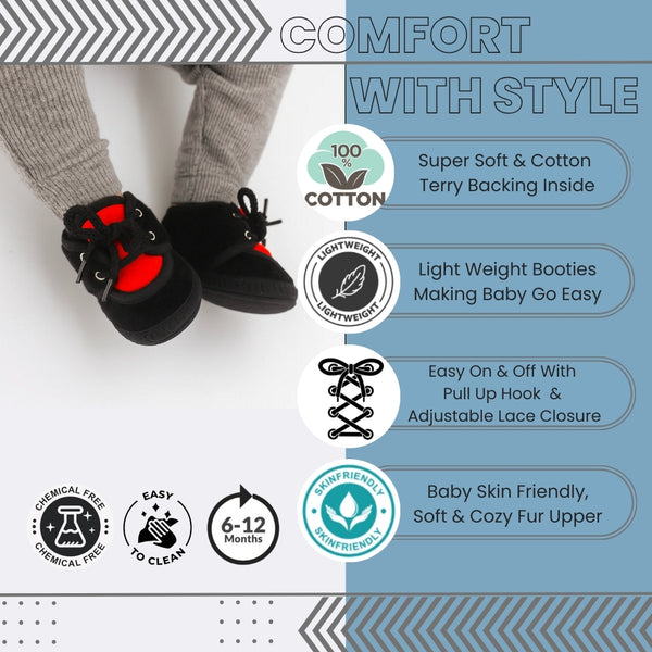 6 To 12 Months Baby Boys & Baby Girls Cute Soft Velvet Pre-Walker Lace Booties (Black,Red)-BT5235