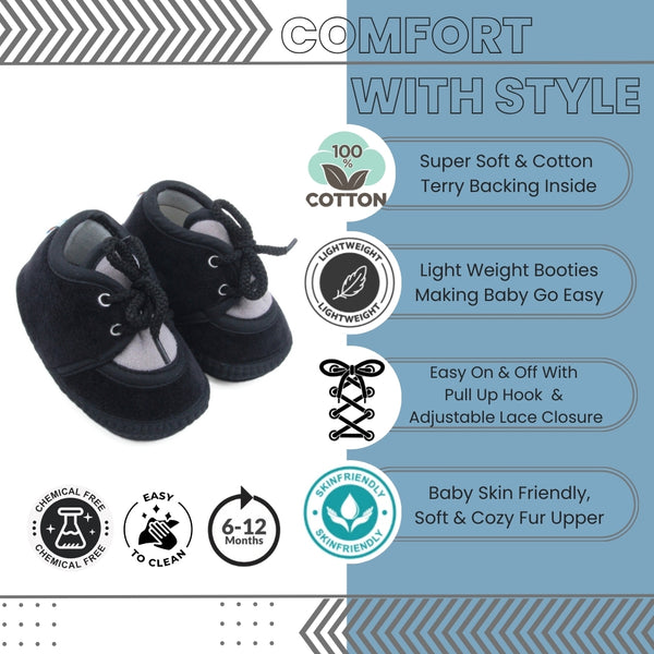 6 To 12 Months Baby Boys & Baby Girls Cute Soft Velvet Pre-Walker Lace Booties (Black,Grey)-BT5236
