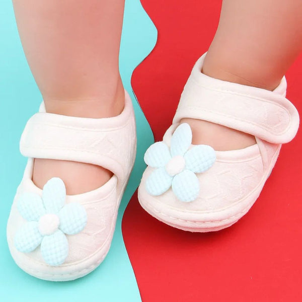 Baby Girls Flower Cotton Velcro Belly Booties (White,Blue)-BT5237