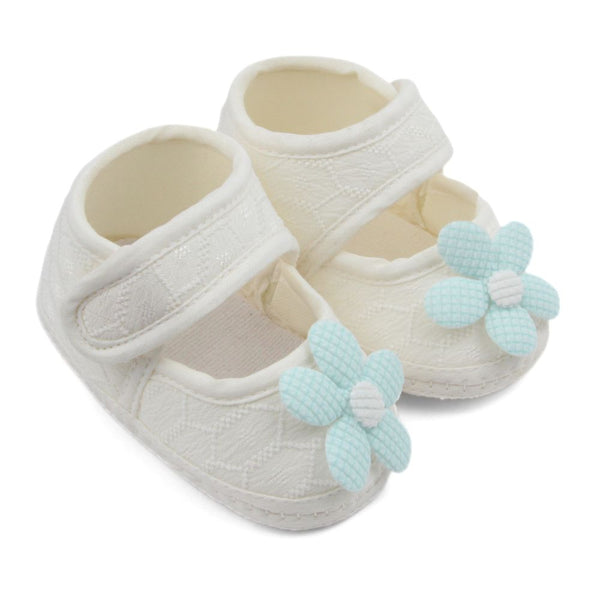 Baby Girls Flower Cotton Velcro Belly Booties (White,Blue)-BT5237
