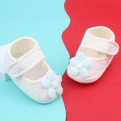 Baby Girls Flower Cotton Velcro Belly Booties (White,Blue)-BT5237