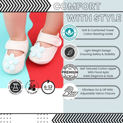 Baby Girls Flower Cotton Velcro Belly Booties (White,Blue)-BT5237