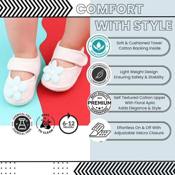 Baby Girls Flower Cotton Velcro Belly Booties (White,Blue)-BT5237