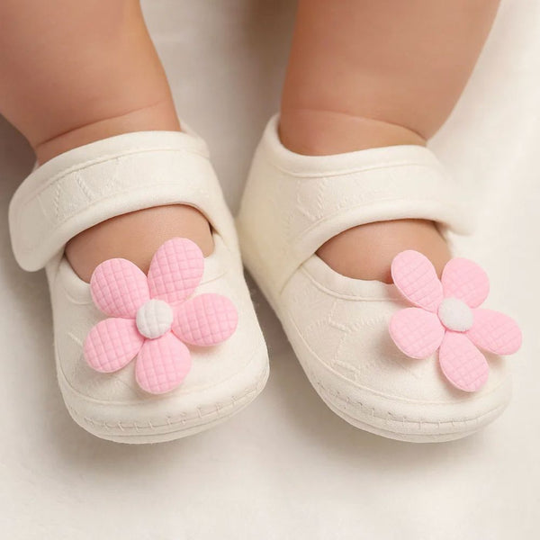 Baby Girls Flower Cotton Velcro Belly Booties (White,Pink)-BT5238
