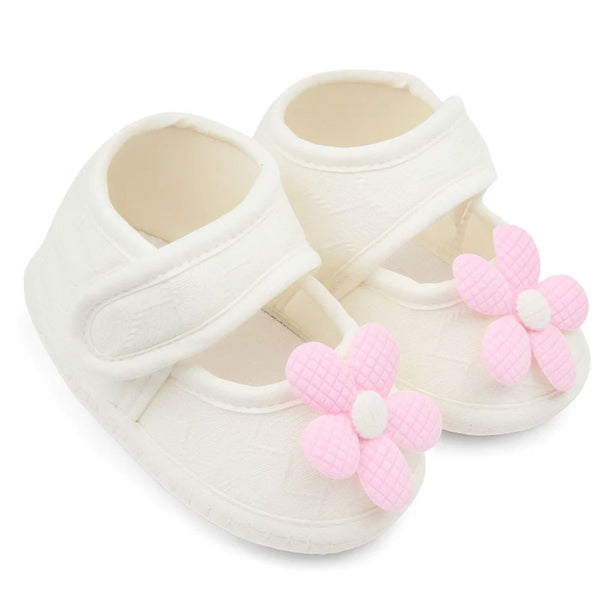 Baby Girls Flower Cotton Velcro Belly Booties (White,Pink)-BT5238