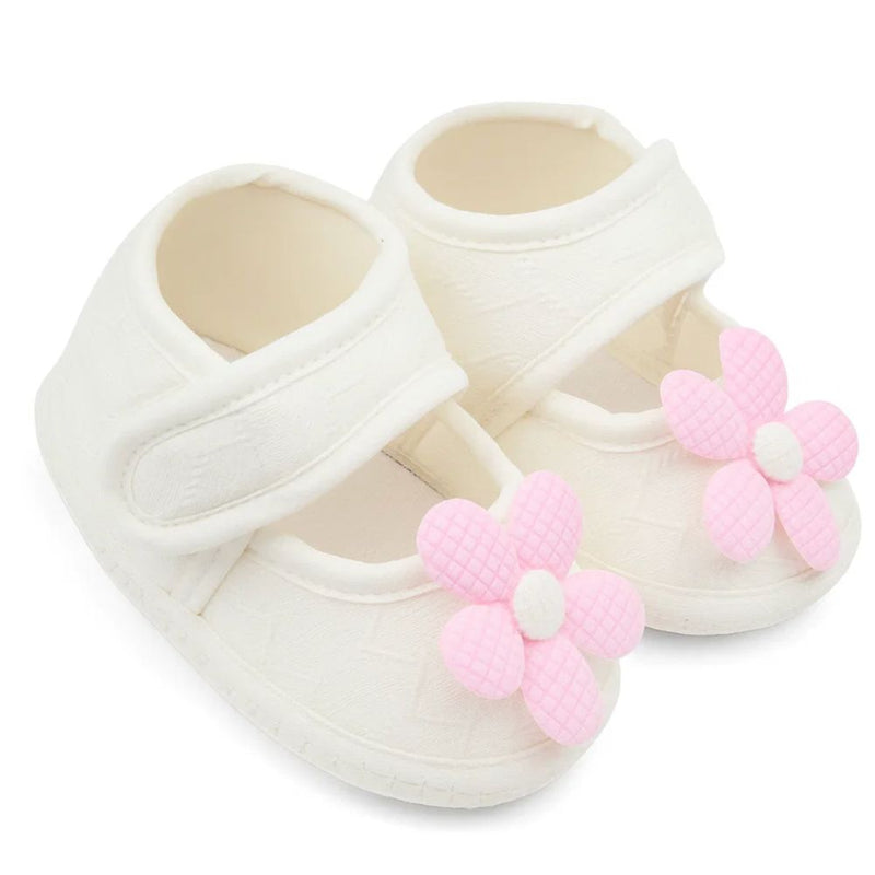 Baby Girls Flower Cotton Velcro Belly Booties (White,Pink)-BT5238