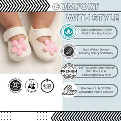 Baby Girls Flower Cotton Velcro Belly Booties (White,Pink)-BT5238