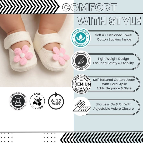 Baby Girls Flower Cotton Velcro Belly Booties (White,Pink)-BT5238
