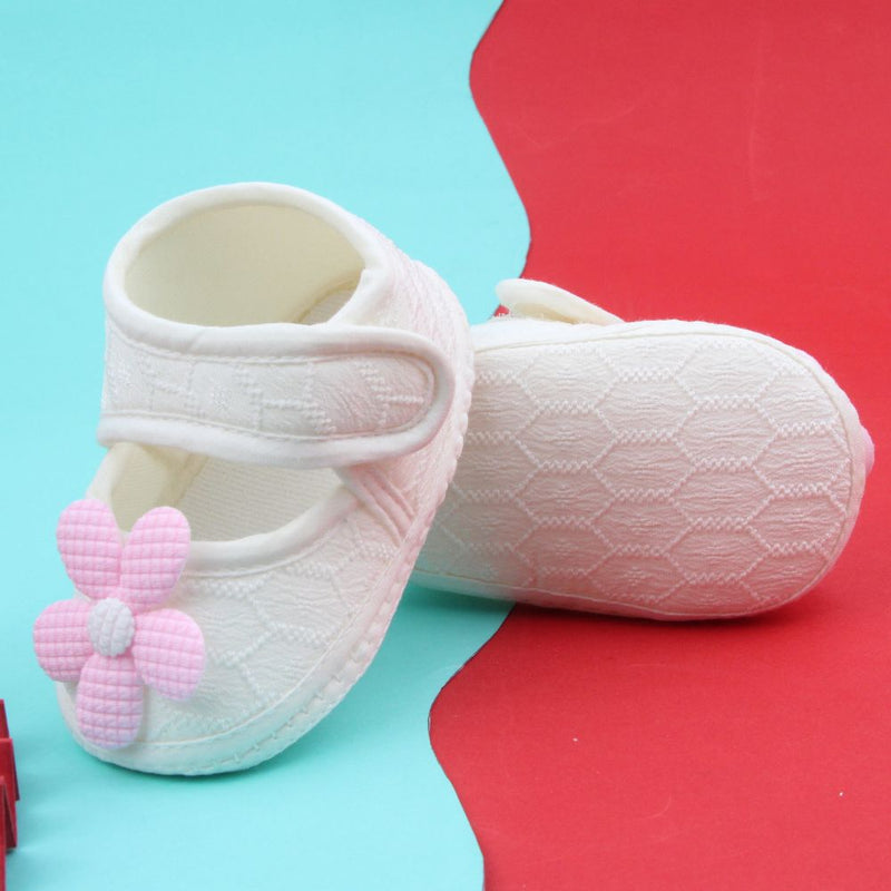 Baby Girls Flower Cotton Velcro Belly Booties (White,Pink)-BT5238