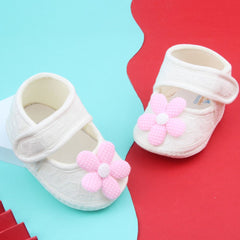 Baby Girls Flower Cotton Velcro Belly Booties (White,Pink)-BT5238