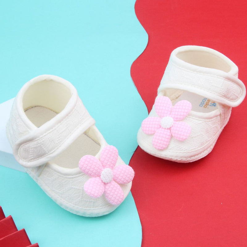 Baby Girls Flower Cotton Velcro Belly Booties (White,Pink)-BT5238