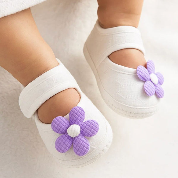 Baby Girls Flower Cotton Velcro Belly Booties (White,Purple)-BT5239