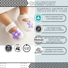 Baby Girls Flower Cotton Velcro Belly Booties (White,Purple)-BT5239