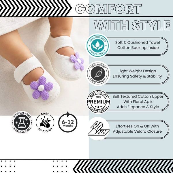 Baby Girls Flower Cotton Velcro Belly Booties (White,Purple)-BT5239