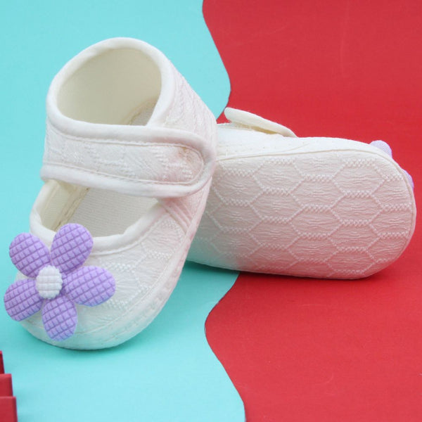Baby Girls Flower Cotton Velcro Belly Booties (White,Purple)-BT5239