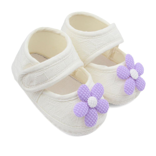 Baby Girls Flower Cotton Velcro Belly Booties (White,Purple)-BT5239