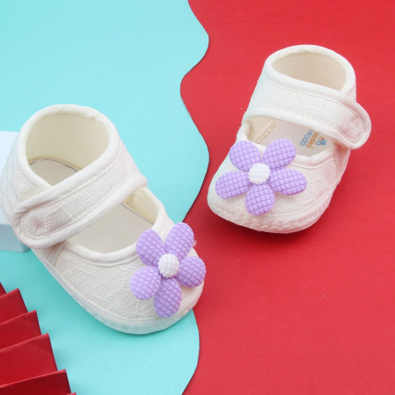 Baby Girls Flower Cotton Velcro Belly Booties (White,Purple)-BT5239