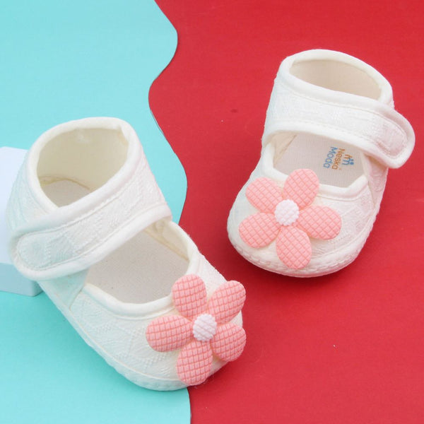 Baby Girls Flower Cotton Velcro Belly Booties (White,Orange)-BT5240