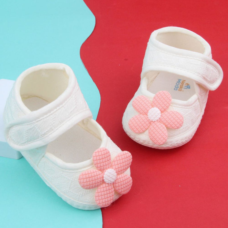 Baby Girls Flower Cotton Velcro Belly Booties (White,Orange)-BT5240
