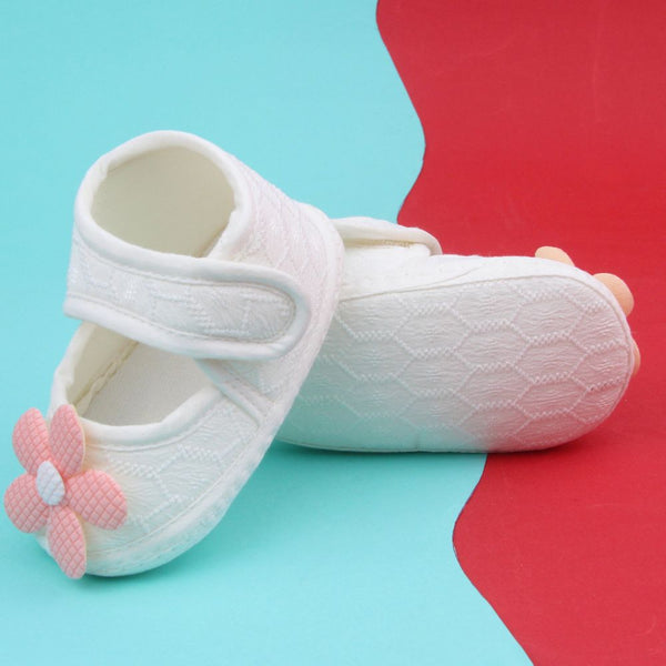 Baby Girls Flower Cotton Velcro Belly Booties (White,Orange)-BT5240