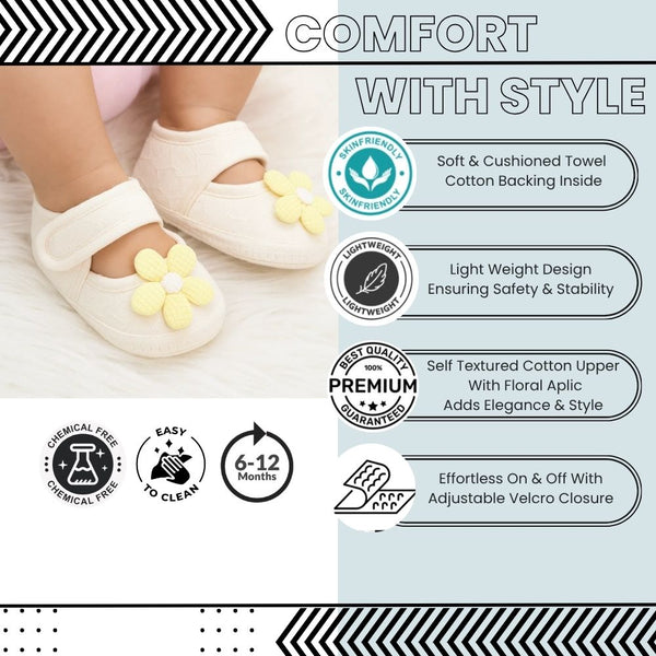 Baby Girls Flower Cotton Velcro Belly Booties (White,Yellow)-BT5241
