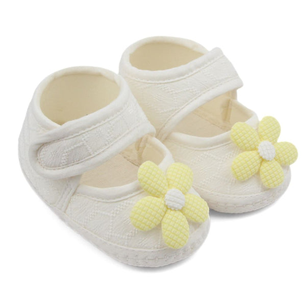 Baby Girls Flower Cotton Velcro Belly Booties (White,Yellow)-BT5241