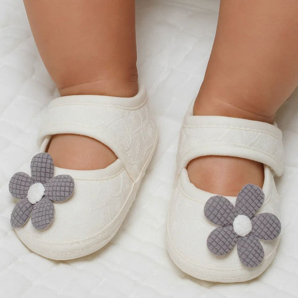 Baby Girls Flower Cotton Velcro Belly Booties (White,Grey)-BT5242