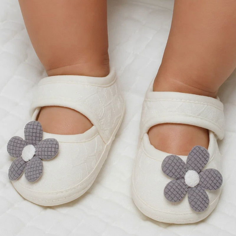 Baby Girls Flower Cotton Velcro Belly Booties (White,Grey)-BT5242