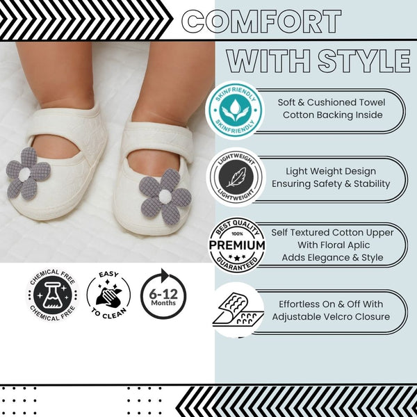 Baby Girls Flower Cotton Velcro Belly Booties (White,Grey)-BT5242