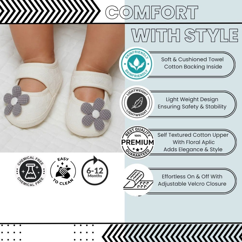Baby Girls Flower Cotton Velcro Belly Booties (White,Grey)-BT5242