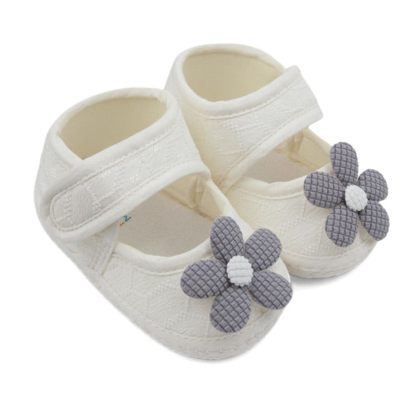 Baby Girls Flower Cotton Velcro Belly Booties (White,Grey)-BT5242