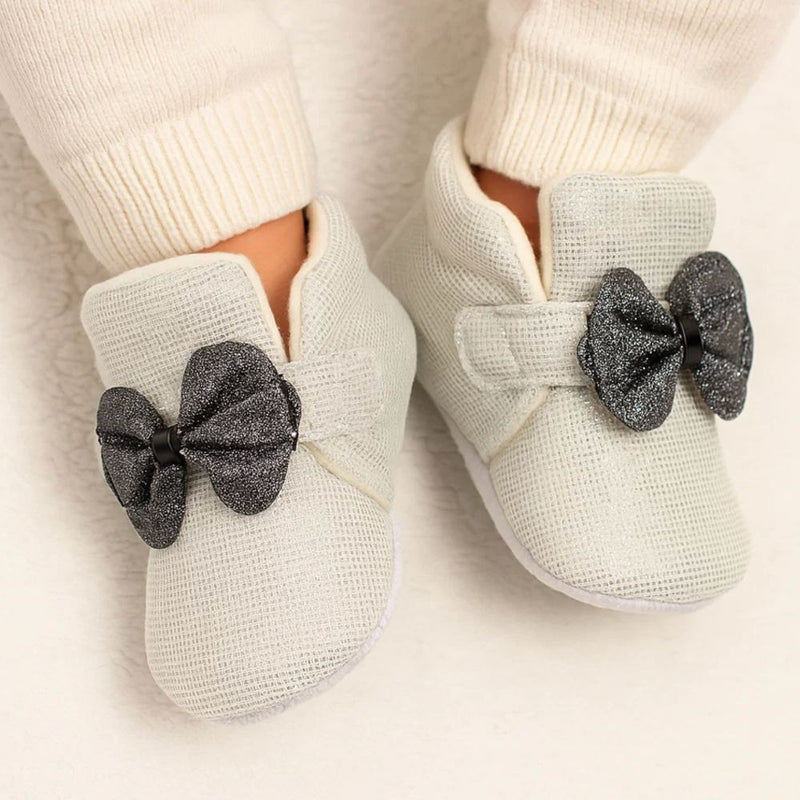 Baby Unisex Partywear Shining Cotton Bow Velcro Shoe Booties (White,Black)-BT5243